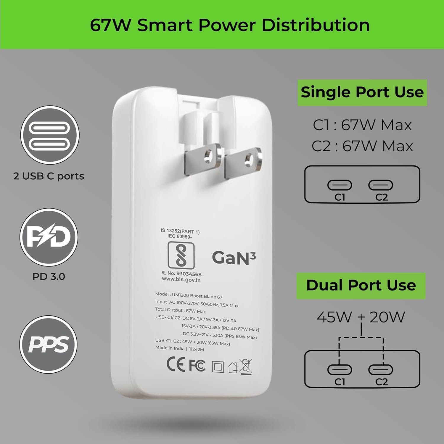 UltraProlink 67W Slimmest GaN Universal Charger Adapter |6 in 1 Travel Adapter with 2 USB C Ports |Compatible for Type-C Port Based laptops, Tablets & mobiles | Type C Cable | UM1200 - Image 9