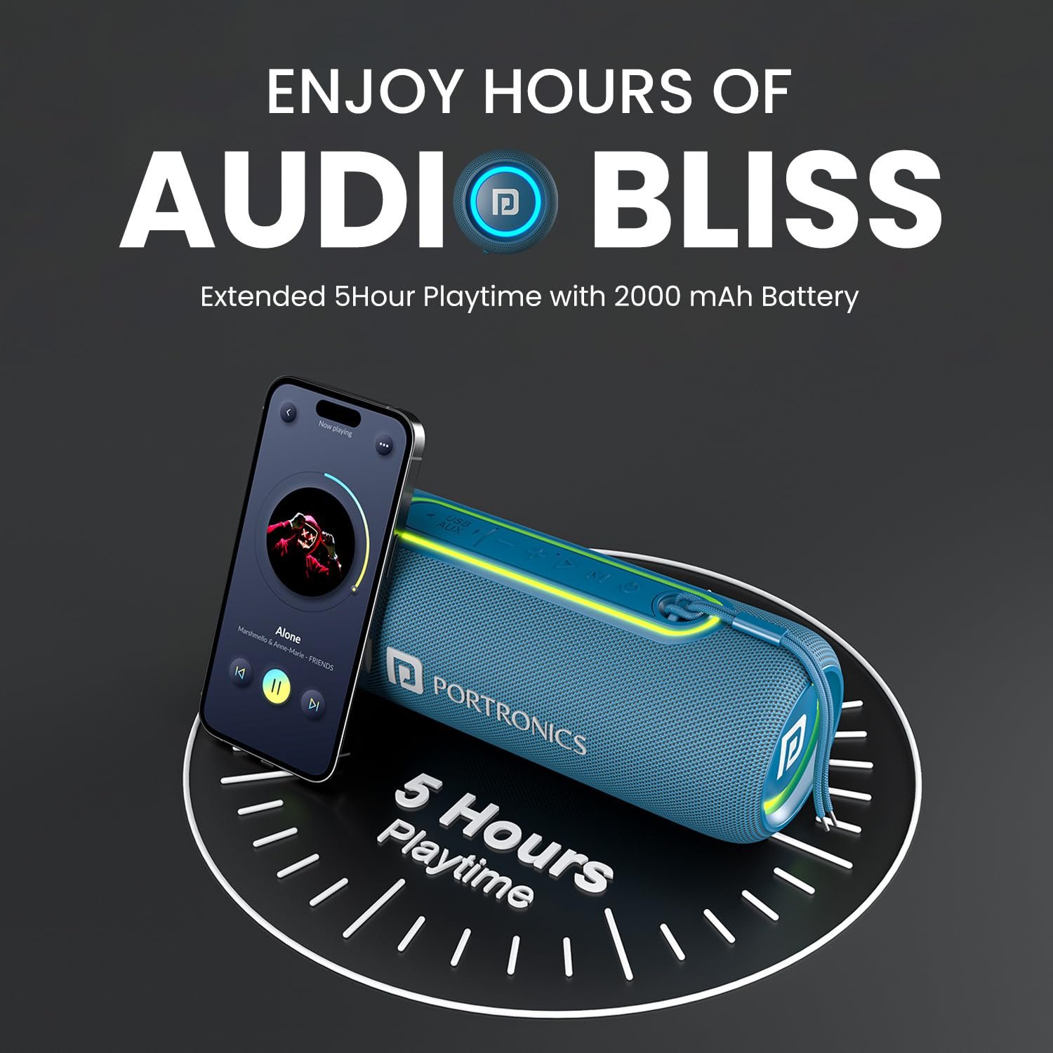 Portronics Resound 2 15W HD Sound Portable Wireless Bluetooth Speaker, in-Built Mic, RGB Lights, TWS Connectivity, Bluetooth v5.3, IPX5 Water Resistant, Type C Charging Port(Blue) - Image 4