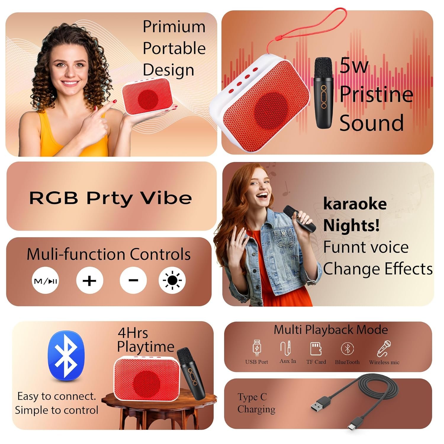 CINEFX'S Portable Karaoke System with Wireless Microphone, Bluetooth 5.0 Speaker, RGB Lights, Type-C Charging, 4 Hours Playback, 5 Voice Changing Modes, (Multicolours) - Image 3