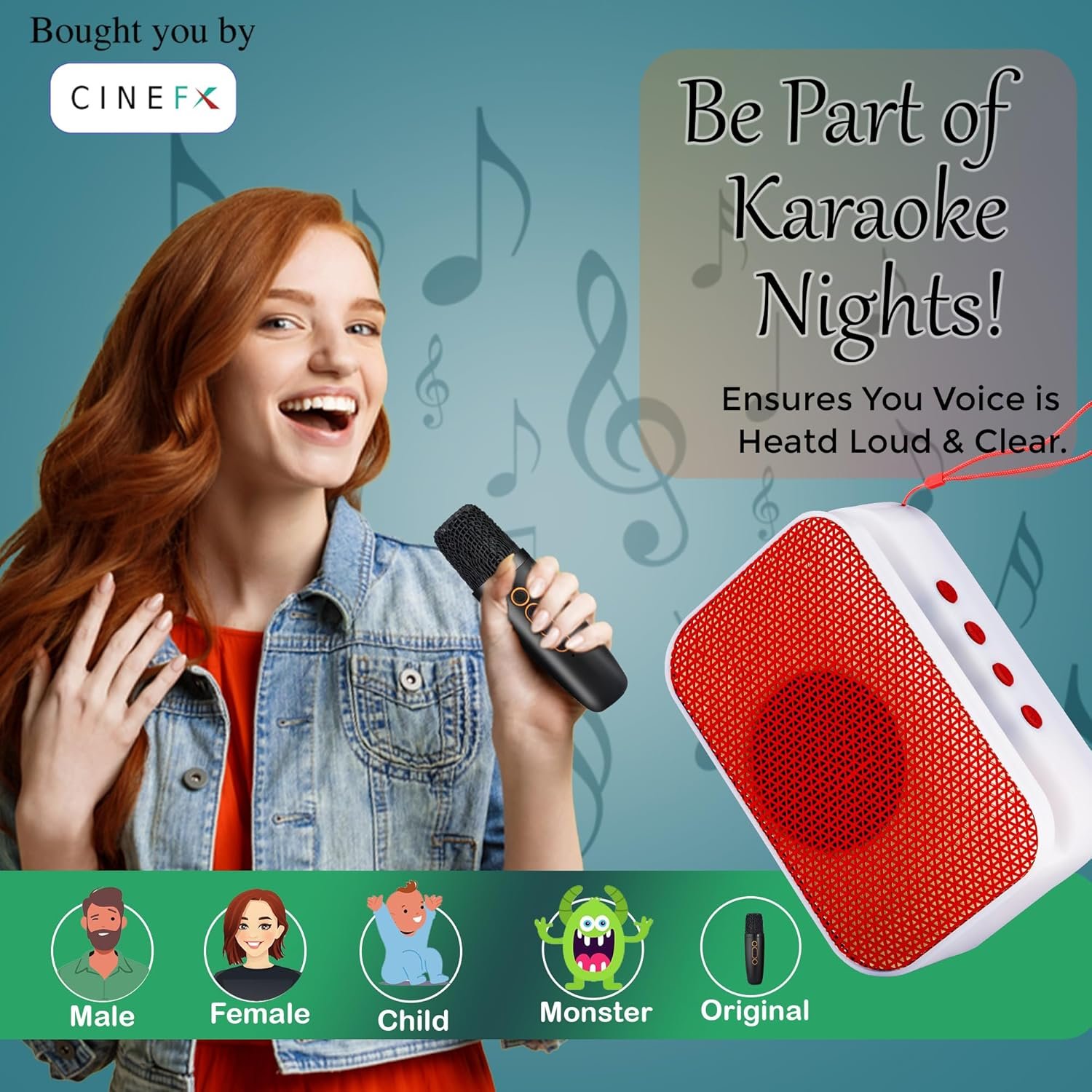 CINEFX'S Portable Karaoke System with Wireless Microphone, Bluetooth 5.0 Speaker, RGB Lights, Type-C Charging, 4 Hours Playback, 5 Voice Changing Modes, (Multicolours) - Image 4