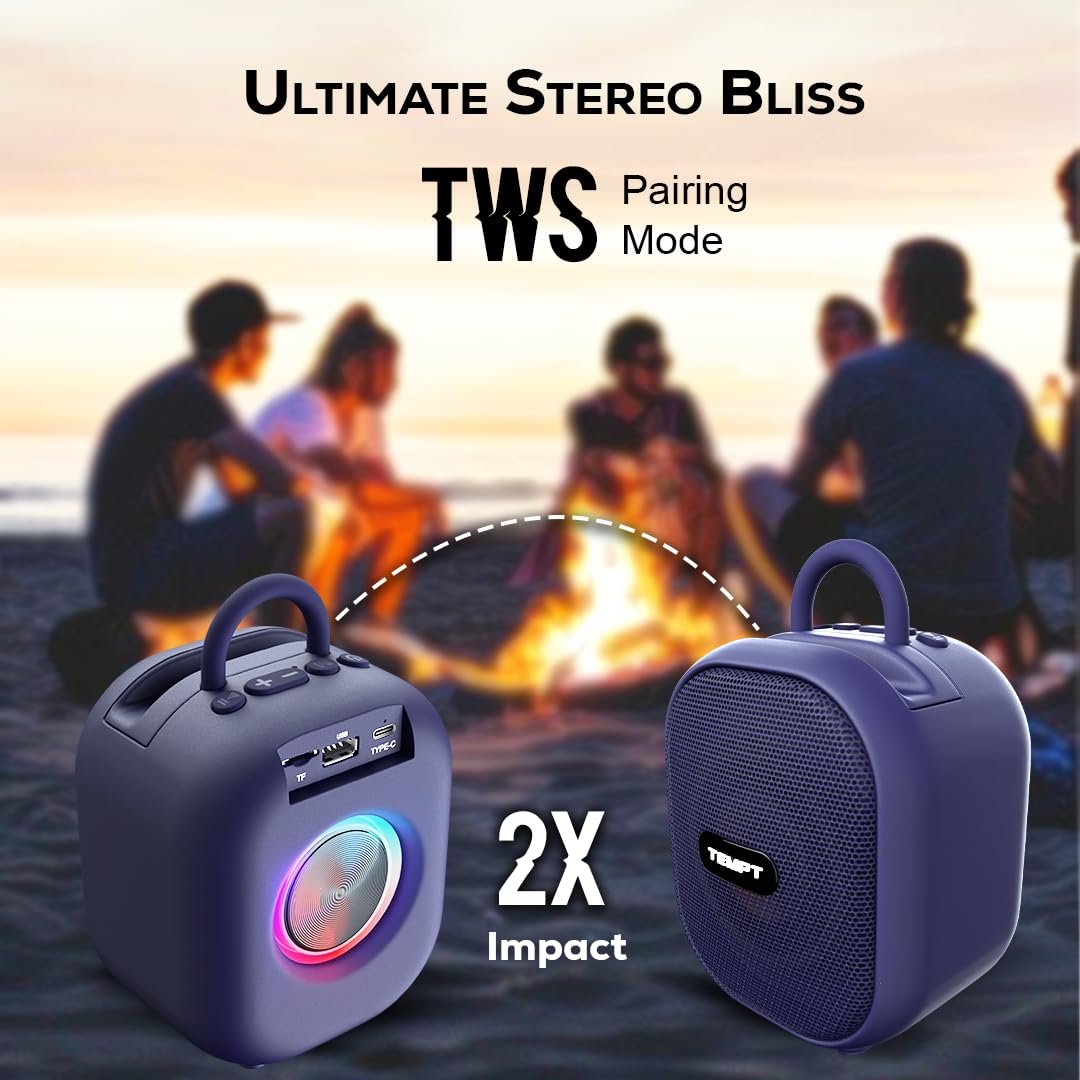 TEMPT Rebel 12W Bluetooth Speaker, TWS Function, FM Radio, 360° Sound, RGB Lights, 10H Playtime, IPX5 Waterproof, Type-C Fast Charging,Lightweight & Portable for Home/Outdoor/Travel (Blue) - Image 4