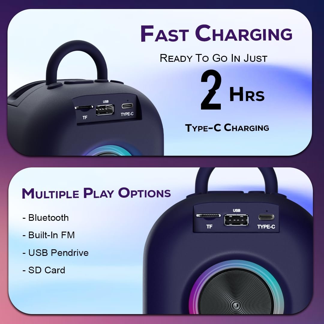 TEMPT Rebel 12W Bluetooth Speaker, TWS Function, FM Radio, 360° Sound, RGB Lights, 10H Playtime, IPX5 Waterproof, Type-C Fast Charging,Lightweight & Portable for Home/Outdoor/Travel (Blue) - Image 8