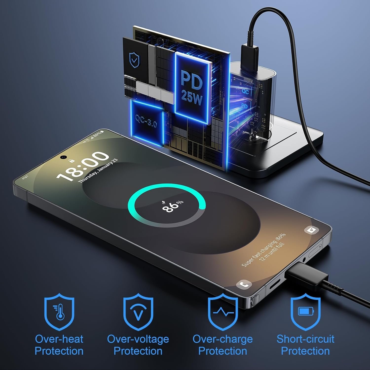 Addtam 25W Type-C PD Superfast Charging Adapter with 1M C-Type Cable Compatible with Samsung A55|A16|A36|A56|A35|A06| M36|M35|M16|M06|M05|M56|F36|F06|F05|F56|F16|S25|25watt USB C Fast Charger-Black - Image 4