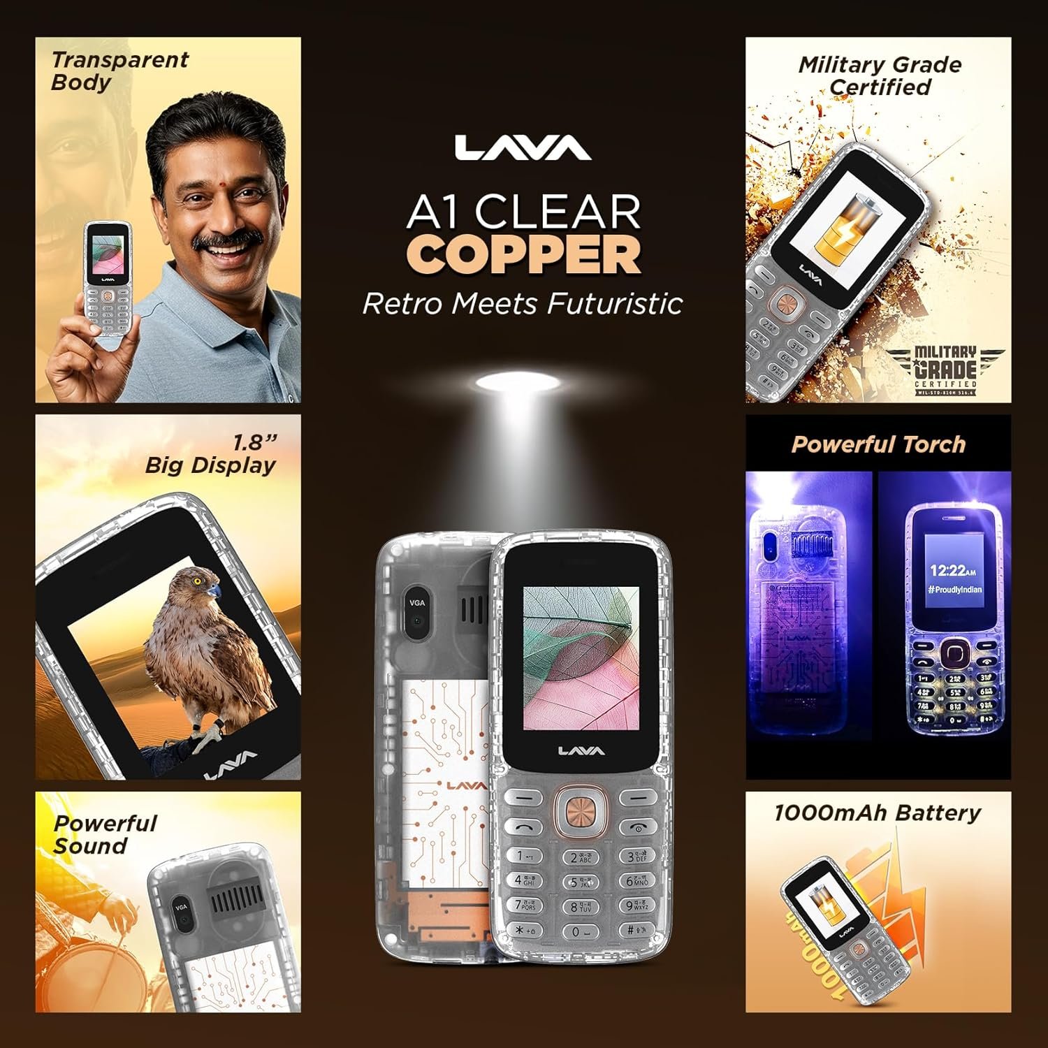 Lava A1 Clear Copper Keypad Mobile Phone with Long Lasting Smart AI Battery | 1.77inch Display | Bluetooth Support | Military Grade Certified | 32 GB Expandable Memory | (Clear) - Image 9