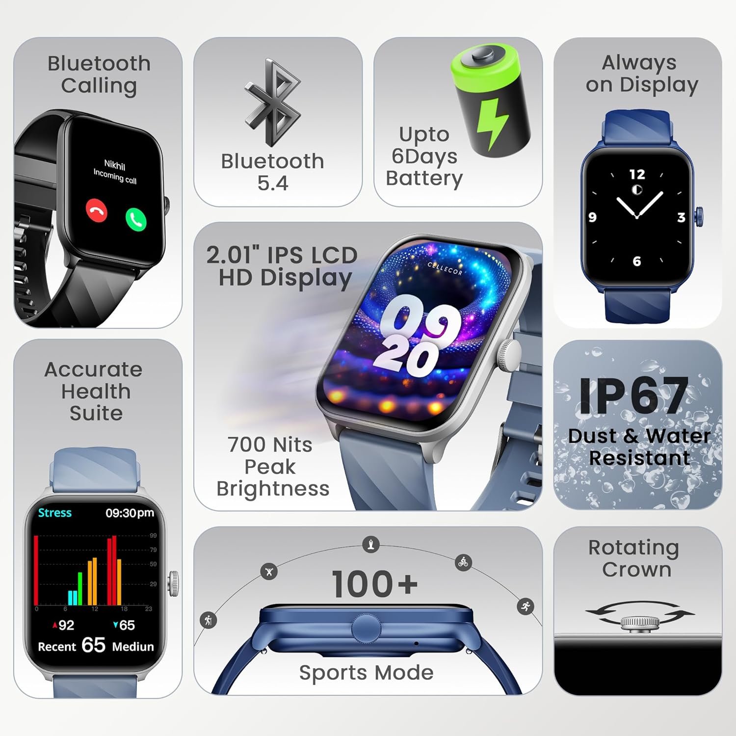 CELLECOR E5 Connect 2.01" IPS HD Display | 700 NITS | BT-Calling | AOD | IP67 | BT v5.4| Smartwatch - Blue - Image 8