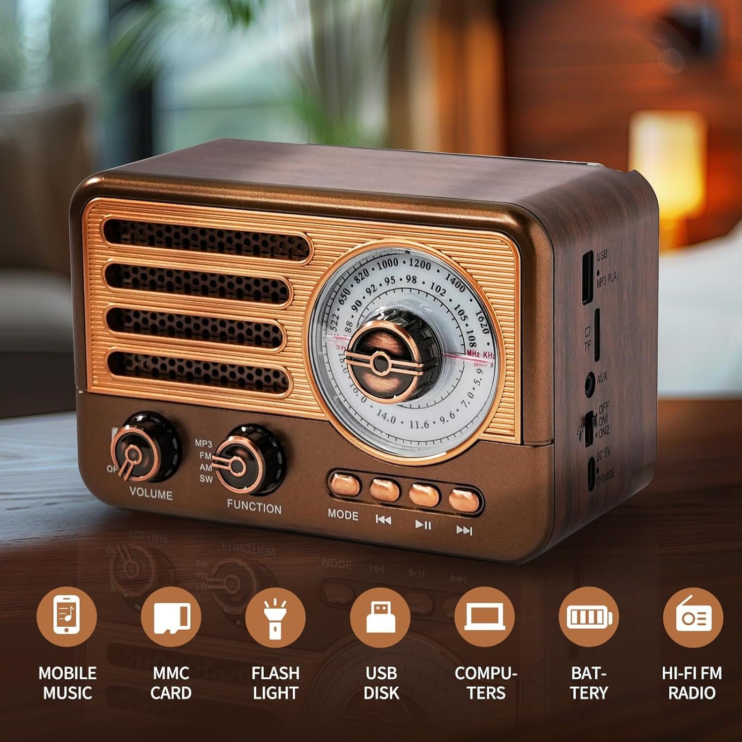 Cason FR22 Fm Radio for Home with Bluetooth Speaker,Vintage Radio with USB -Retro Radio Portable Music Player with Transistor Frequency Knob Meter,SD Card,Headphone Jack(Brown) - Image 3