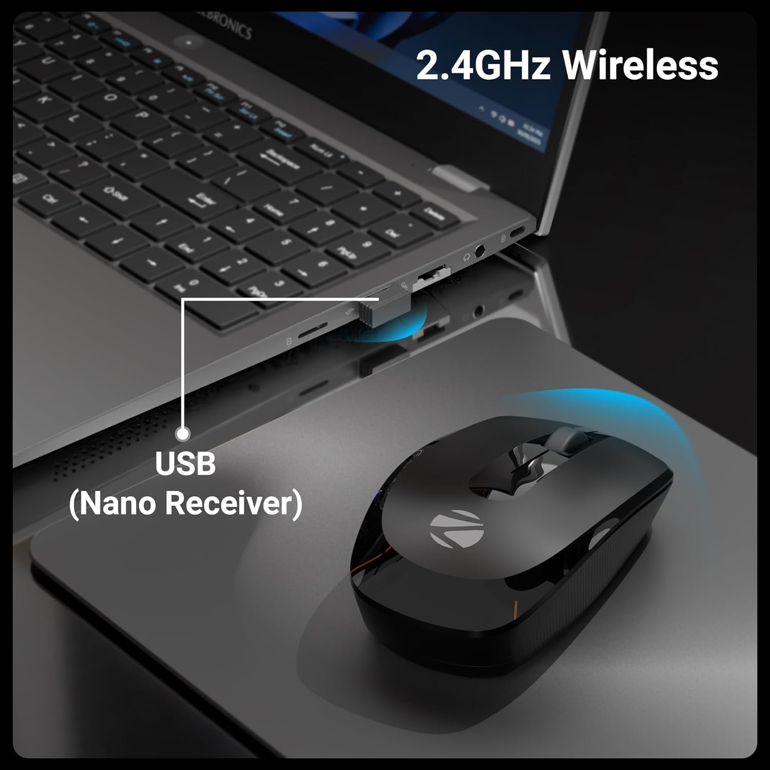 ZEBRONICS Wireless Mouse, 2.4GHz, 3200 DPI, 3 Buttons, Comfortable & Ergonomic, USB Nano Receiver, Power-Saving Mode, Works on Most Surfaces, for Mac | Laptop | Computer (Freego, Black) - Image 3