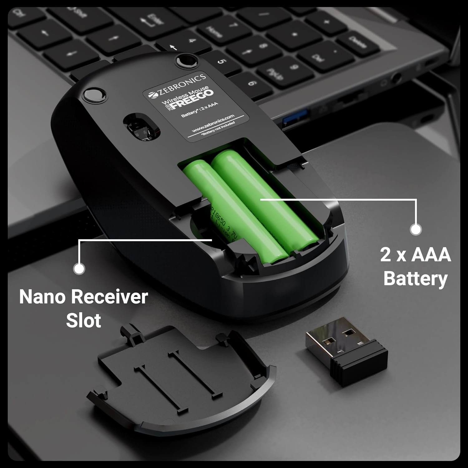 ZEBRONICS Wireless Mouse, 2.4GHz, 3200 DPI, 3 Buttons, Comfortable & Ergonomic, USB Nano Receiver, Power-Saving Mode, Works on Most Surfaces, for Mac | Laptop | Computer (Freego, Black) - Image 6