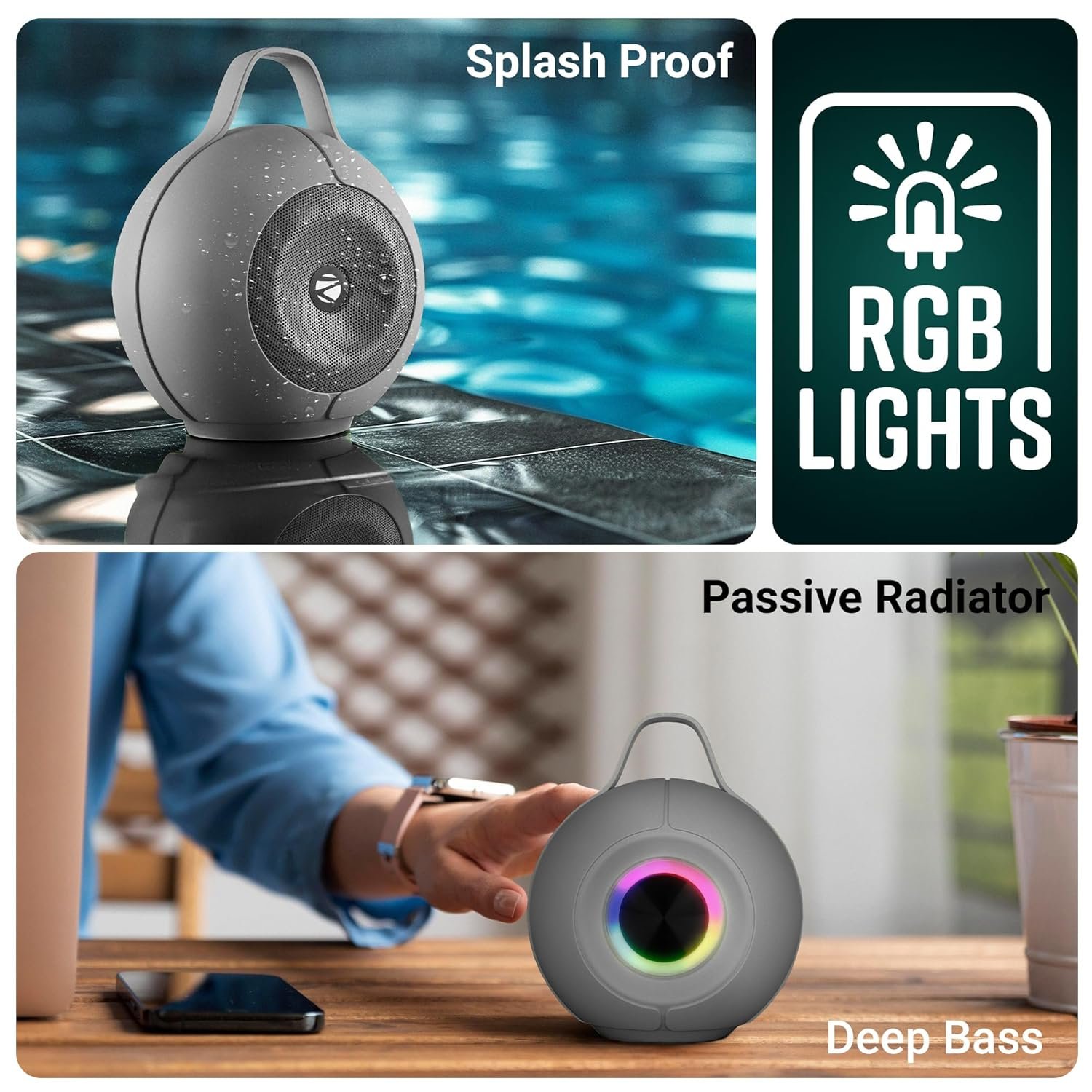 ZEBRONICS Sound POD 30 Portable Bluetooth Speaker, 12 Watts, Upto 8 Hours Playback, Passive Radiator, BTv5.3 | mSD | TWS | Splash Proof, RGB LED, Carry Handle, Deep Bass (Gray) - Image 3