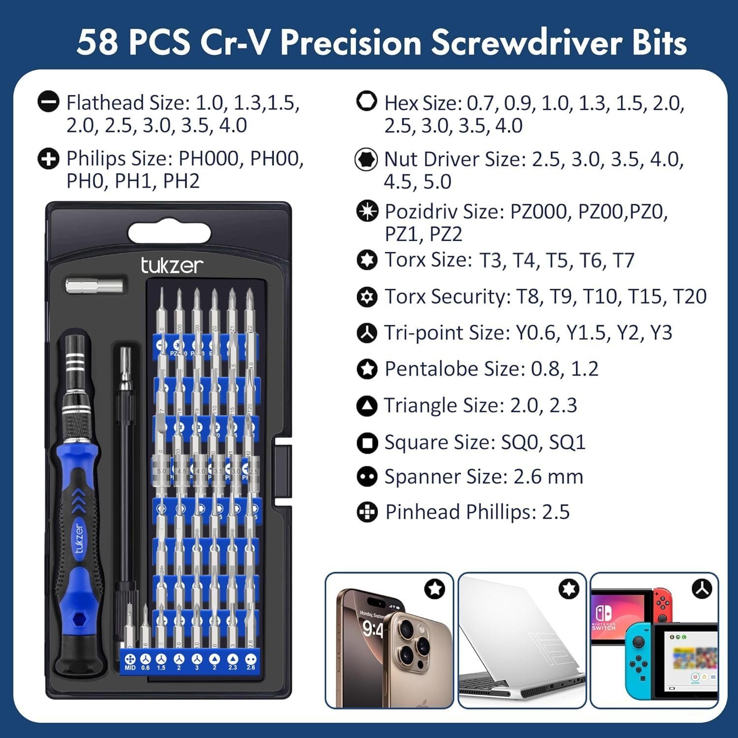 Tukzer 62 in 1 Precision Screwdriver Set, Chrome Vanadium Steel,Repair Tool Kit with Magnetic Steel Bits, Extension Rod, Flexible Shaft for Smartphones, Laptops, Watch, ipad, Tablets, Camera-Blue - Image 3
