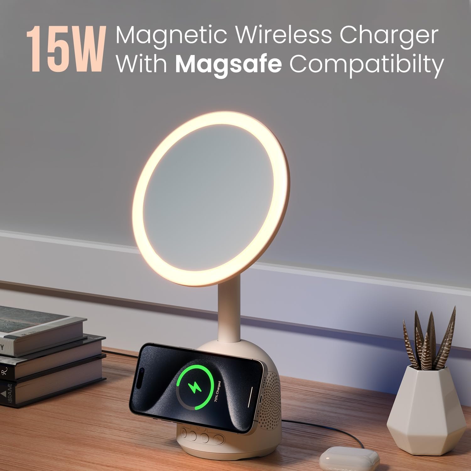 Portronics MOVO II 3 in 1 Wireless Charger with 5W Bluetooth Speaker & Makeup Mirror,15W Wireless Charging, 3 LED Lights with Adjustable Intensity, 60° Adjustable Mirror, Type C Input(White) - Image 3
