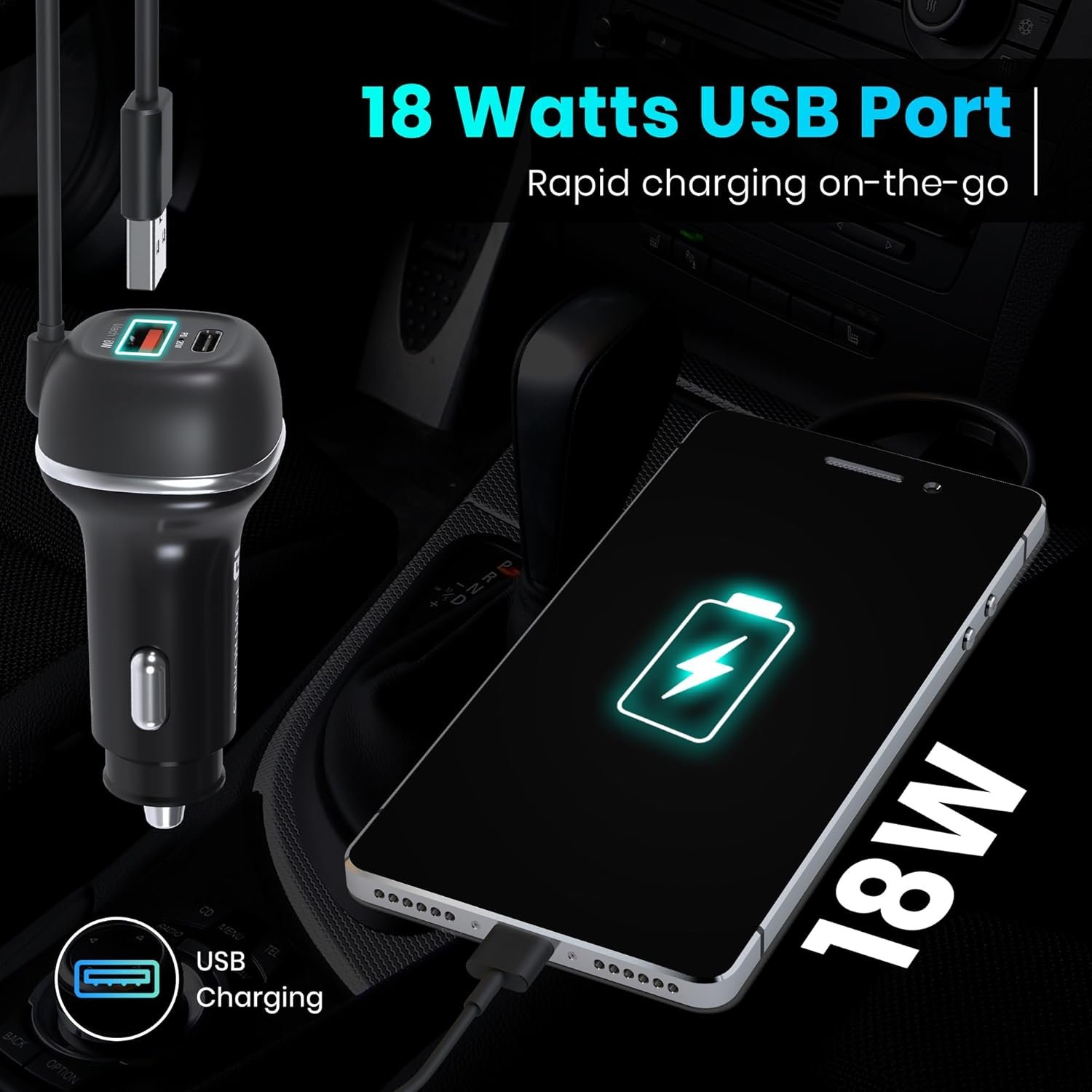 Portronics 71W Car Power 1C Triple Output Fast Car Charger with 33W Type-C Cable, 20W Type-C PD, 18W USB Port, Fast Charging Adapter Compatible with Cars for iPhone & Android Smartphone (Black) - Image 4