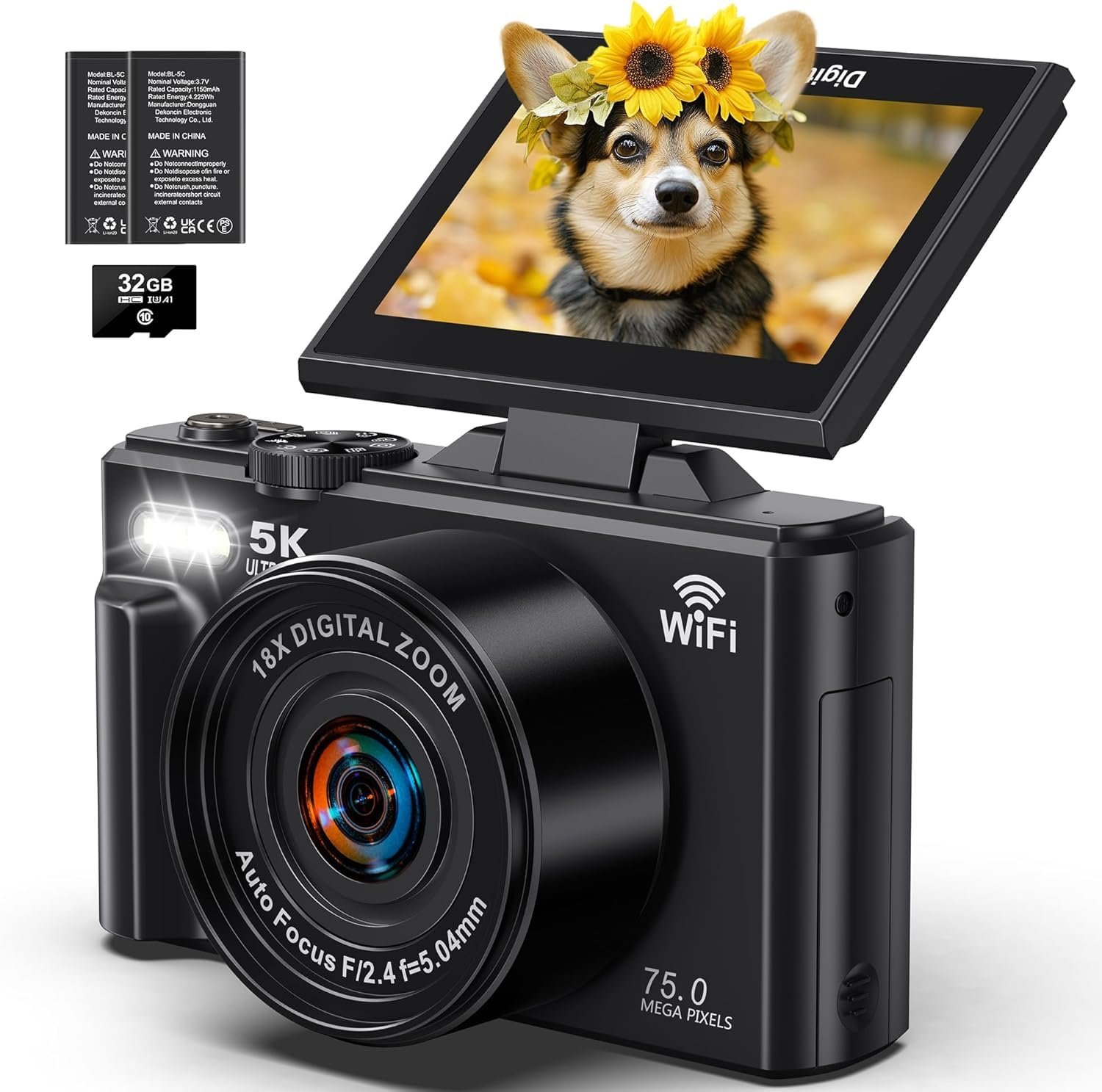 5K Digital Camera - WiFi 75MP Cameras for Photography - UHD Vlogging Camera for YouTube with 3" 180° Flip Screen - Autofocus Compact Video Travel Camara with 18X Zoom, 32GB SD Card, 2 Batteries - Image 2