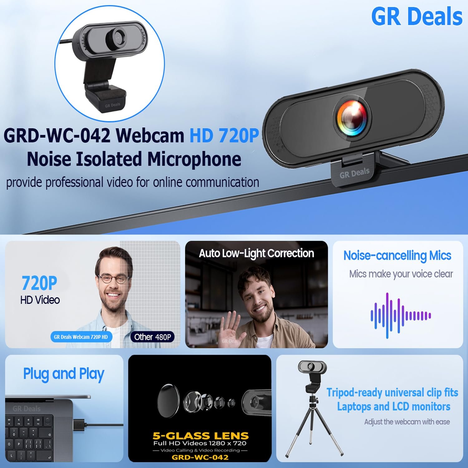 GR Deals Webcam HD 720P, Noise Isolated Microphone with Computer HD stremaing Web cam for Desktop & Laptop with mic with Wide Angle Lens & Large Sensor for Superior Low Light, Optical. (042)(Black) - Image 3