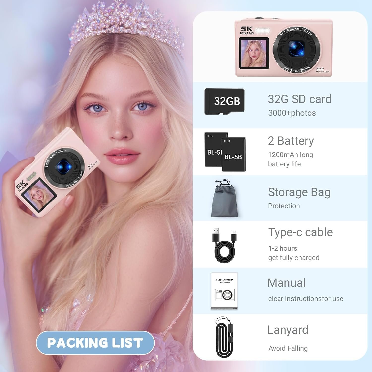 Dual Screen 5K Digital Camera for Vlogging with Fill Light - 80MP, 16X Zoom, WiFi, YouTube/Blogging, Includes 32GB Card & 2 Batteries (X9-Black) - Image 5