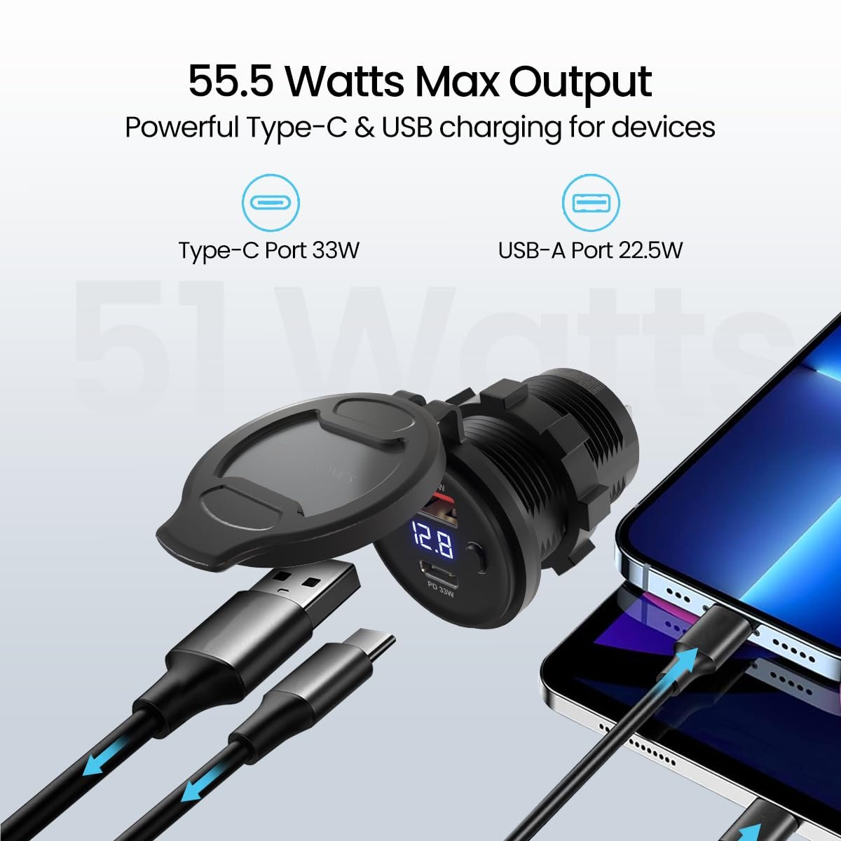 Portronics Spark 51W Multi-Vehicle Phone Charger, 33W Type-C Power Delivery, 18W USB Fast Charging, Type-C & USB Dual Output, for Motorcycles & Scooters - Image 3