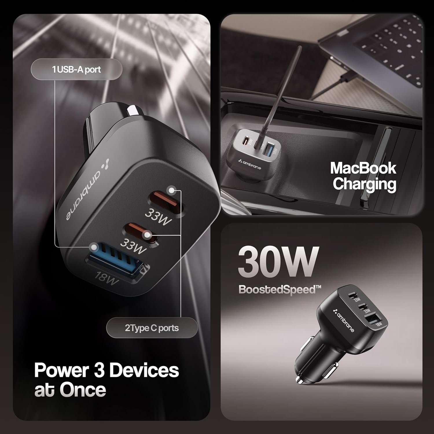 Ambrane 84W Triple Output Fast Car Charger with 2 Type-C & 1 USB, 33W Type C Charging with PD Technology, Fast Charging Adapter Compatible with Cars for iPhone & Android Smartphones (Charge C84,Black) - Image 3
