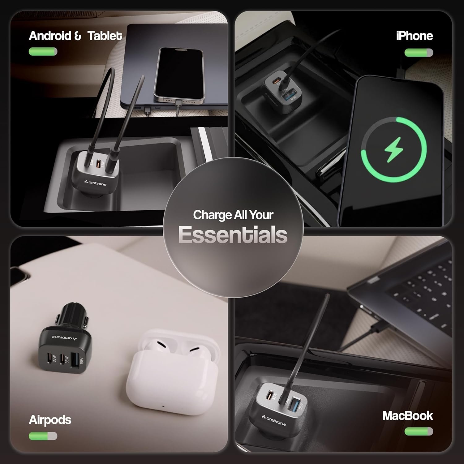 Ambrane 84W Triple Output Fast Car Charger with 2 Type-C & 1 USB, 33W Type C Charging with PD Technology, Fast Charging Adapter Compatible with Cars for iPhone & Android Smartphones (Charge C84,Black) - Image 4