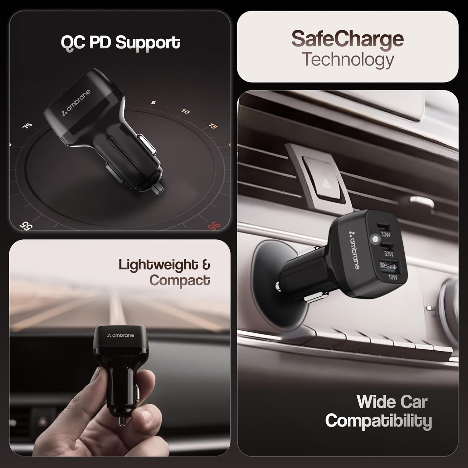 Ambrane 84W Triple Output Fast Car Charger with 2 Type-C & 1 USB, 33W Type C Charging with PD Technology, Fast Charging Adapter Compatible with Cars for iPhone & Android Smartphones (Charge C84,Black) - Image 8