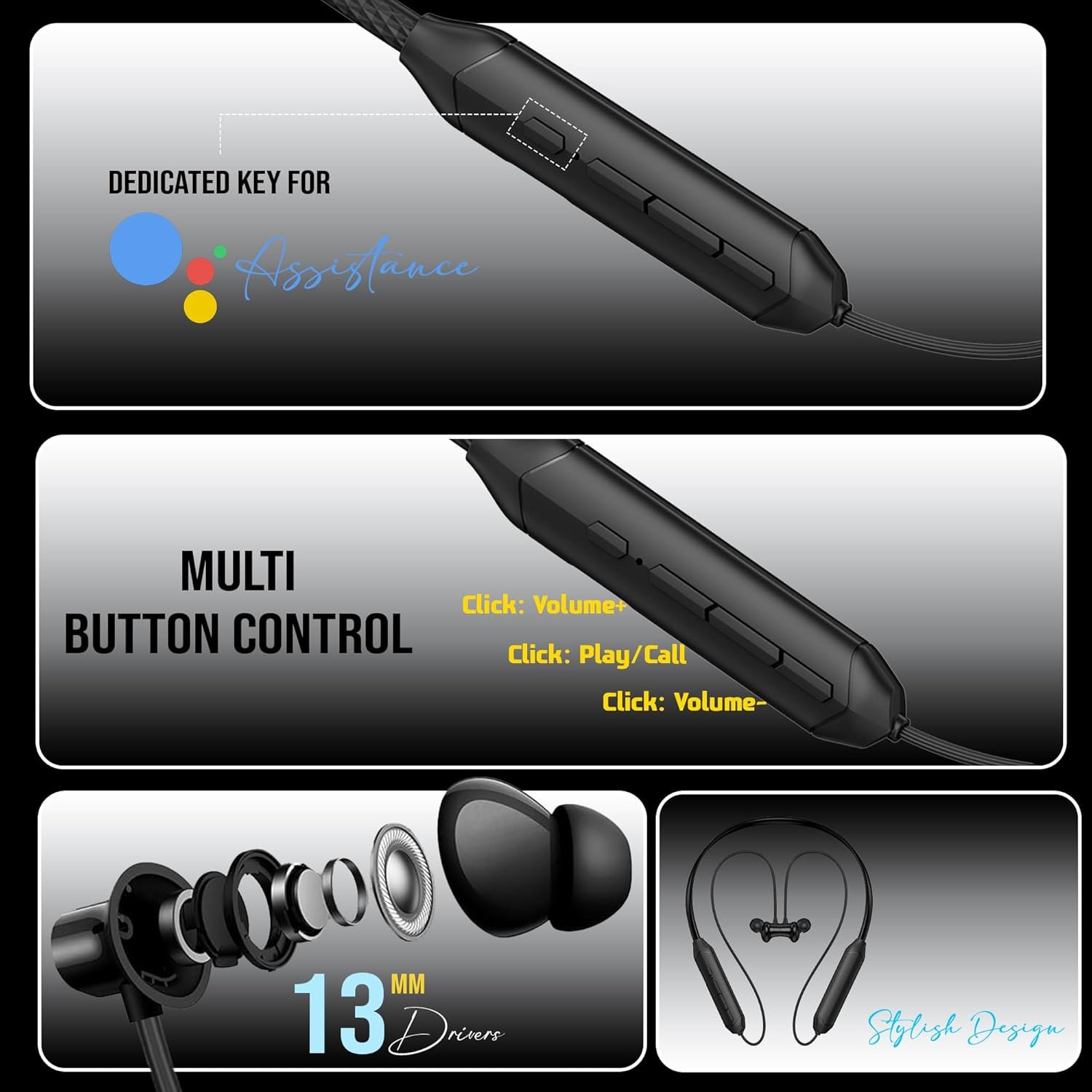 Kratos Black Bluetooth Neckband with 55 Hrs Playtime, Deep Bass, Stereo Sound, HD Calls, Magnetic Earbuds, Voice Assistant, Type-C Charging, Rich Audio, Hollow Switch for Comfort & Style - Image 3