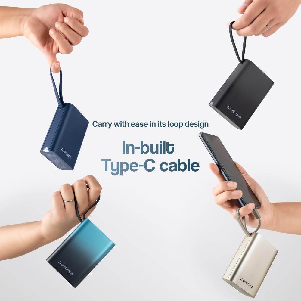 Ambrane 20000mAh Small Pocket Size Powerbank, Hanging InBuilt Type C Cable, 22.5W Fast Charging, Type C PD & USB Output for iPhone, Android Mobiles & Other Devices (MiniCharge 20, Navy Blue) - Image 3