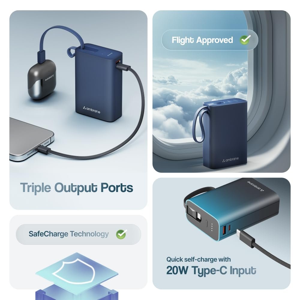 Ambrane 20000mAh Small Pocket Size Powerbank, Hanging InBuilt Type C Cable, 22.5W Fast Charging, Type C PD & USB Output for iPhone, Android Mobiles & Other Devices (MiniCharge 20, Navy Blue) - Image 5