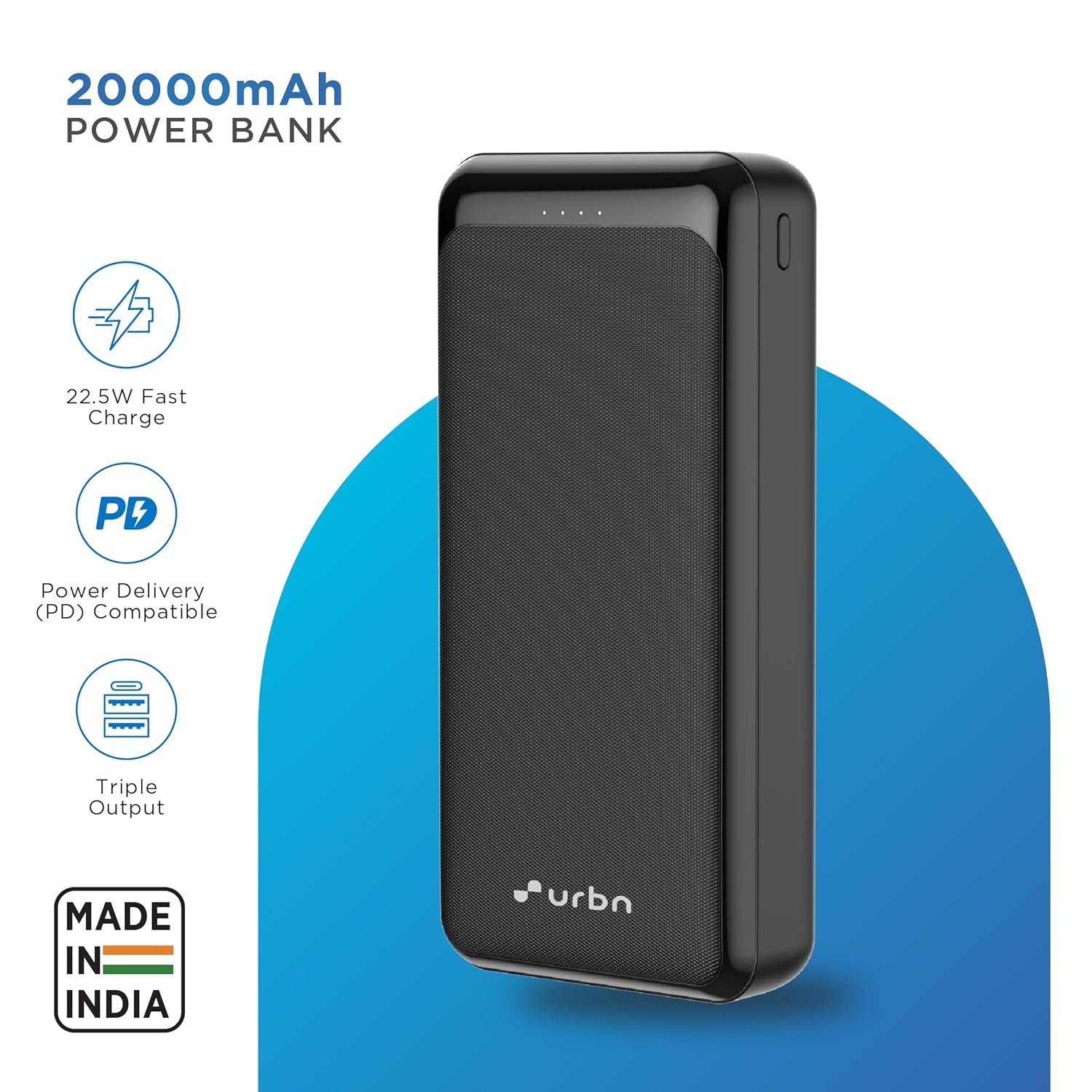 URBN Power Bank 20000mAh Fast Charging | 22.5W Super Fast Power Delivery (PD) Portable Charger | Triple Output | USB Type C Input & Output | Pass Through Charging | (Black) - Image 3