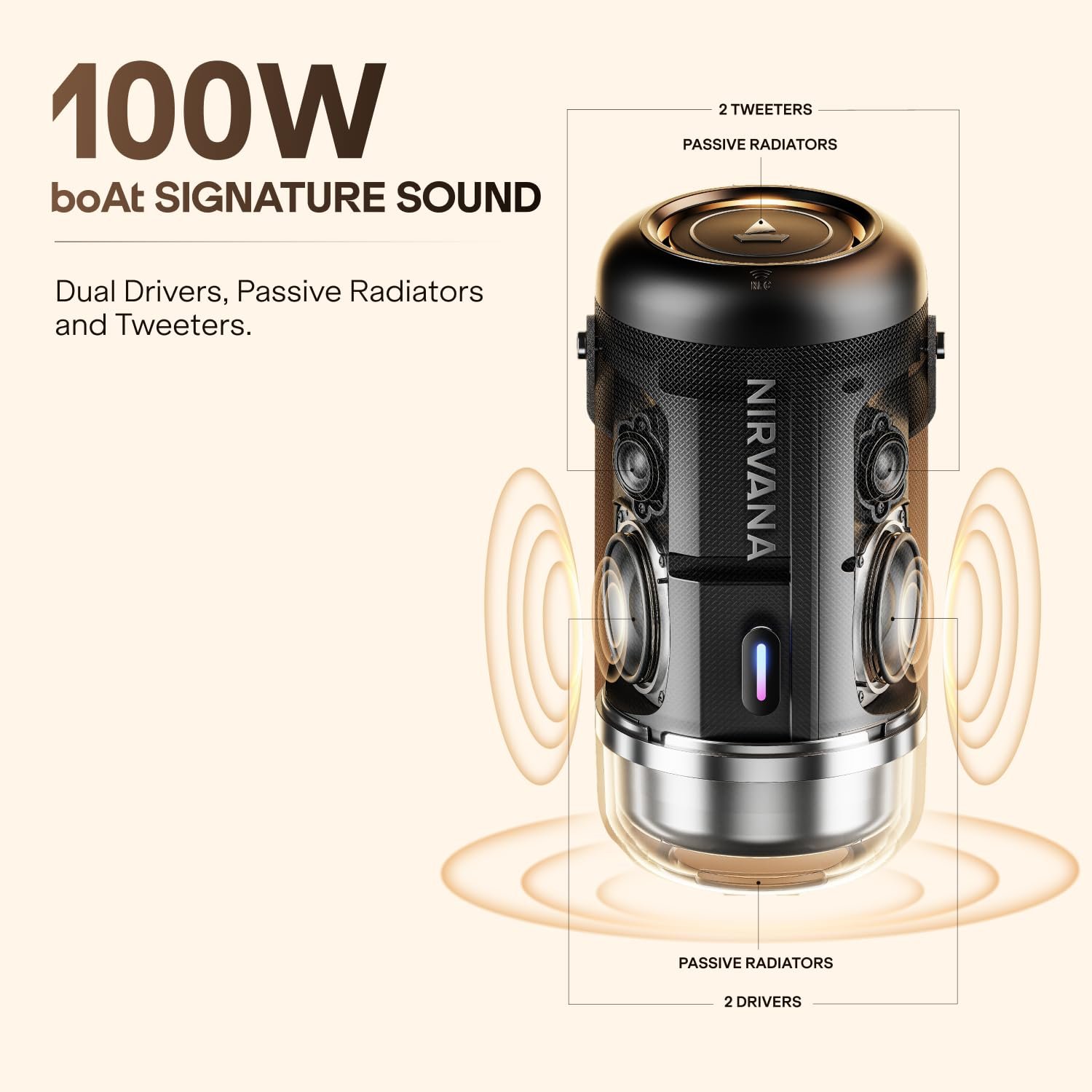 Boat 2026 Launch Nirvana Luxe,360- Surround, Spatial Audio, 100W, 15hrs Battery, Broadcast, App Support, NFC Pairing (Android), Bluetooth Speaker, Wireless Speaker, Portable Speaker (Ivory White) - Image 5
