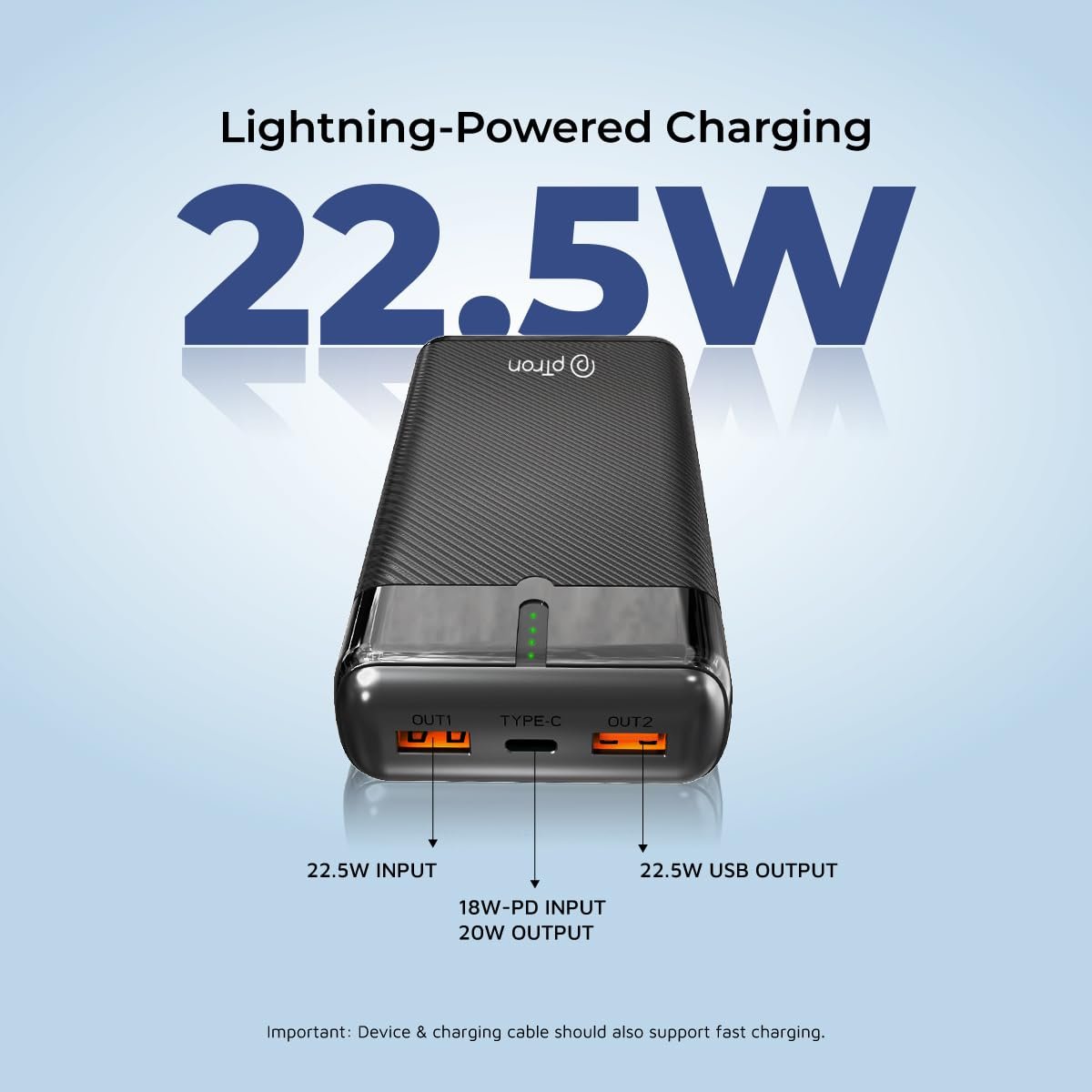 pTron Dynamo Surge 20000mAh 22.5W Fast Charging Power Bank, Supports VOOC/Wrap/Dash USB Charging, USB Type-C Input, 20W PD Fast Charging, 3 Outputs, 1 Input & Multiple Layers of Protection (Black) - Image 3