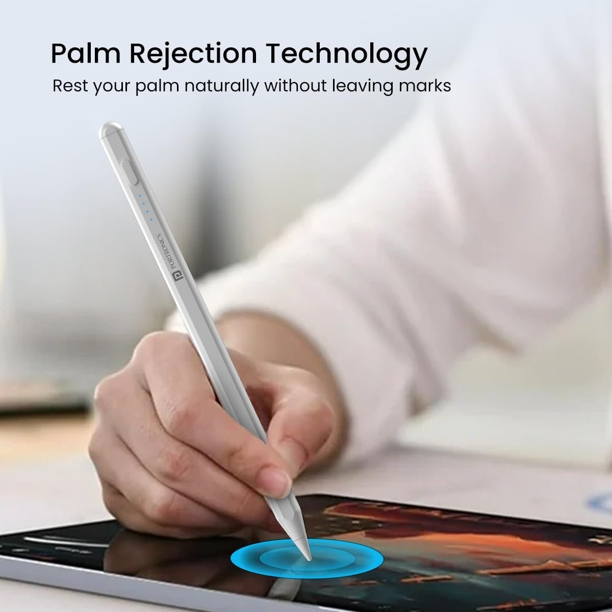 Portronics Glide Stylus Pencil for iPads Only, Angle Tilt Sensitivity, Palm Rejection, Attaches Magnetically, Battery LED Indicator, Type-C Charging, Only for iPads Released Between 2020 & 2024 - Image 3