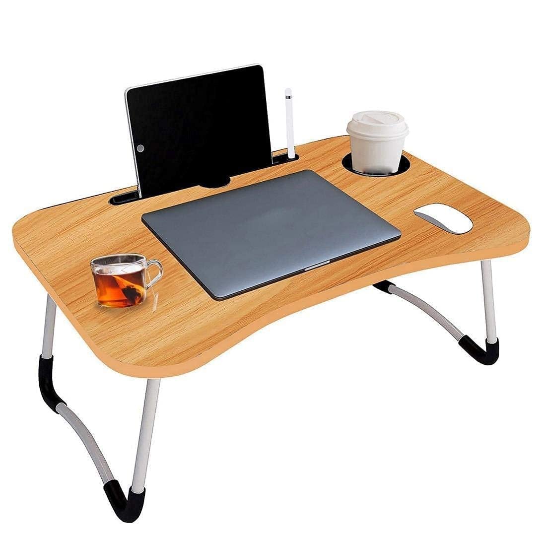 AUNO Standard Multi-Purpose Laptop Table With Dock Stand/Study Table/Bed Table/Foldable And Portable/Ergonomic & Rounded Edges/Non-Slip Legs/Engineered Lapdesk With Cup Holder (Wood), 39.3 Cm, 59.7 Cm - Image 3