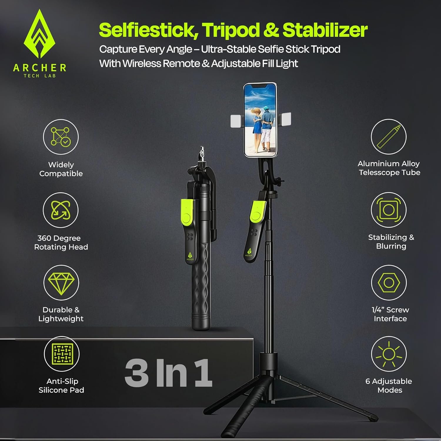 Archer Tech Lab Multifunctional Selfie Stick with Tripod Stand, Detachable Bluetooth Remote, 6-Mode Fill Light, 360° Rotation, Aluminum Alloy Pole, Stable Anti-Slip Base for iPhone & Android Vlogging - Image 3