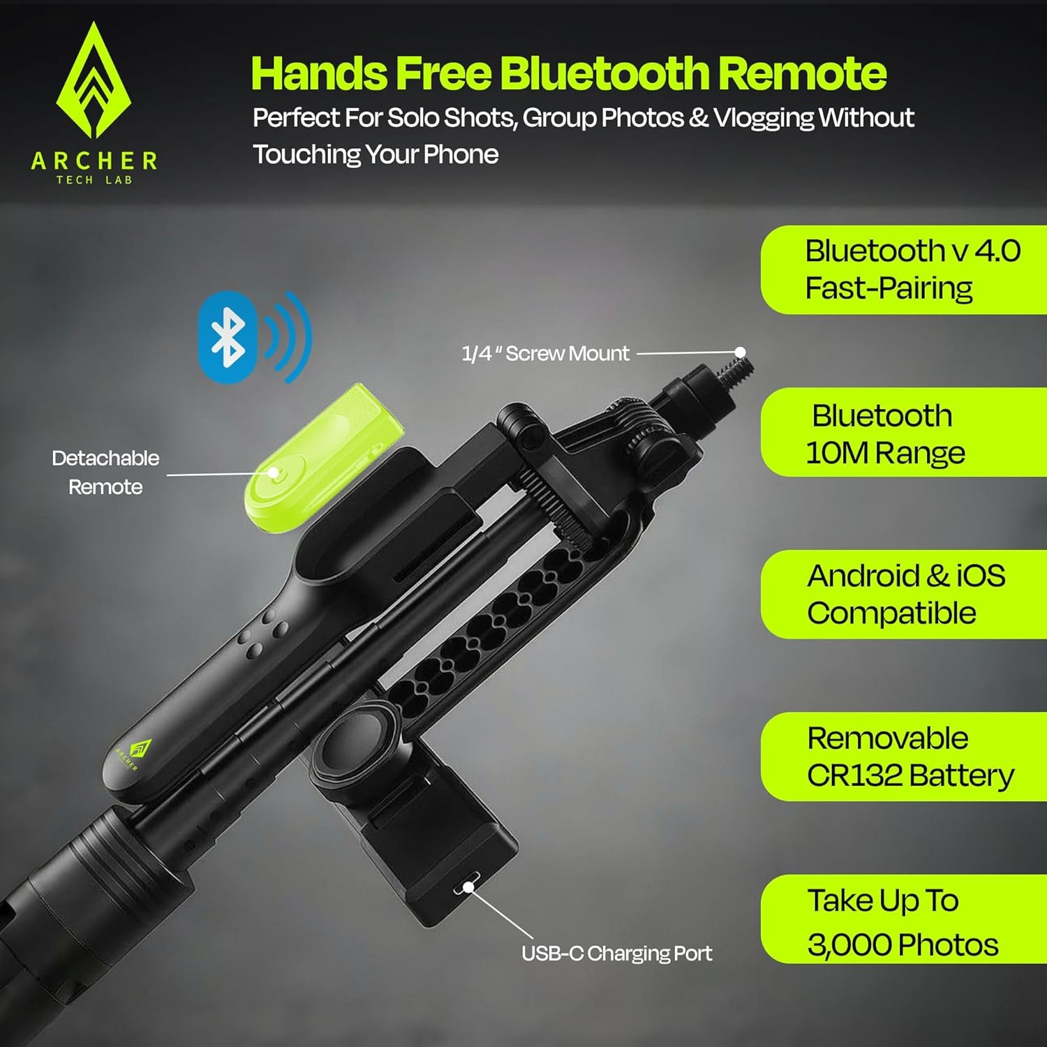 Archer Tech Lab Multifunctional Selfie Stick with Tripod Stand, Detachable Bluetooth Remote, 6-Mode Fill Light, 360° Rotation, Aluminum Alloy Pole, Stable Anti-Slip Base for iPhone & Android Vlogging - Image 4