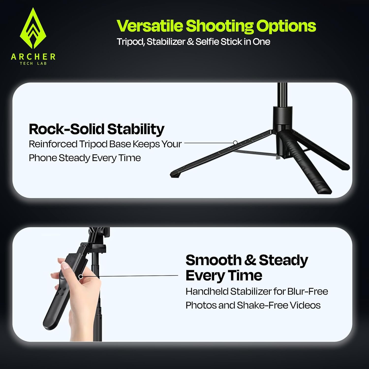 Archer Tech Lab Multifunctional Selfie Stick with Tripod Stand, Detachable Bluetooth Remote, 6-Mode Fill Light, 360° Rotation, Aluminum Alloy Pole, Stable Anti-Slip Base for iPhone & Android Vlogging - Image 6