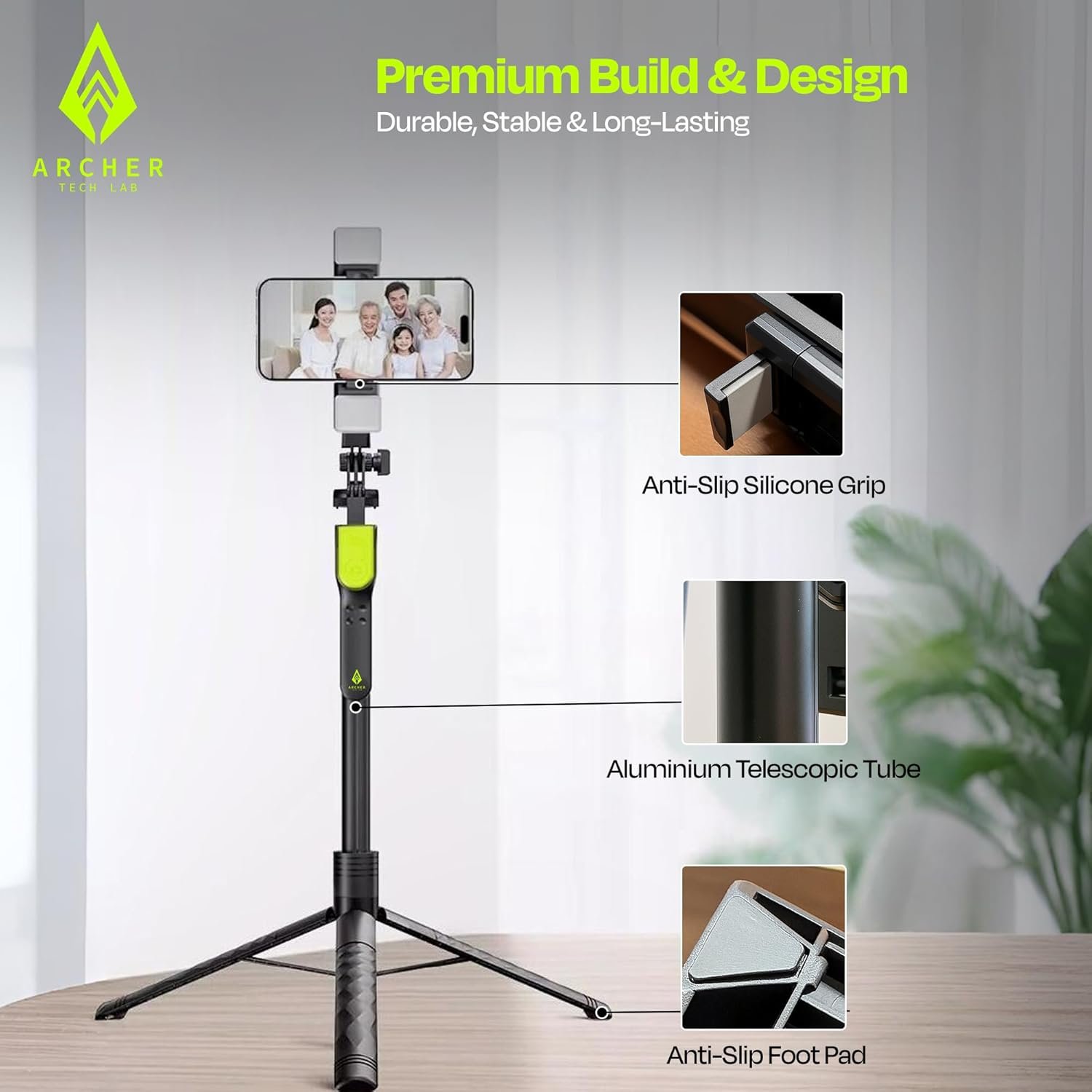 Archer Tech Lab Multifunctional Selfie Stick with Tripod Stand, Detachable Bluetooth Remote, 6-Mode Fill Light, 360° Rotation, Aluminum Alloy Pole, Stable Anti-Slip Base for iPhone & Android Vlogging - Image 9