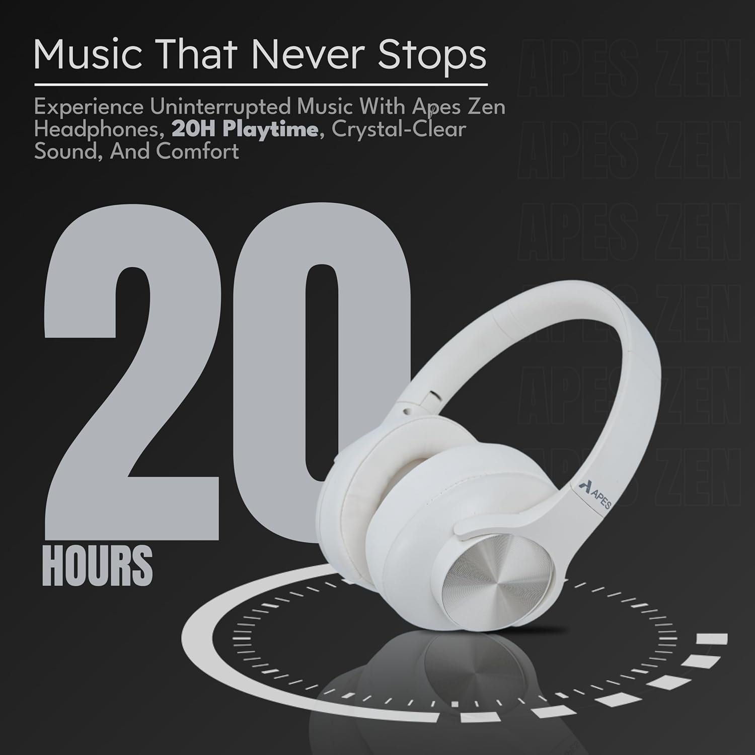APES Zen Wireless Headphone, 40 mm Dynamic Drivers, 20 Hrs Playtime, V5.4 Bluetooth Headphone, Soft Padded Earcups (White) - Image 3