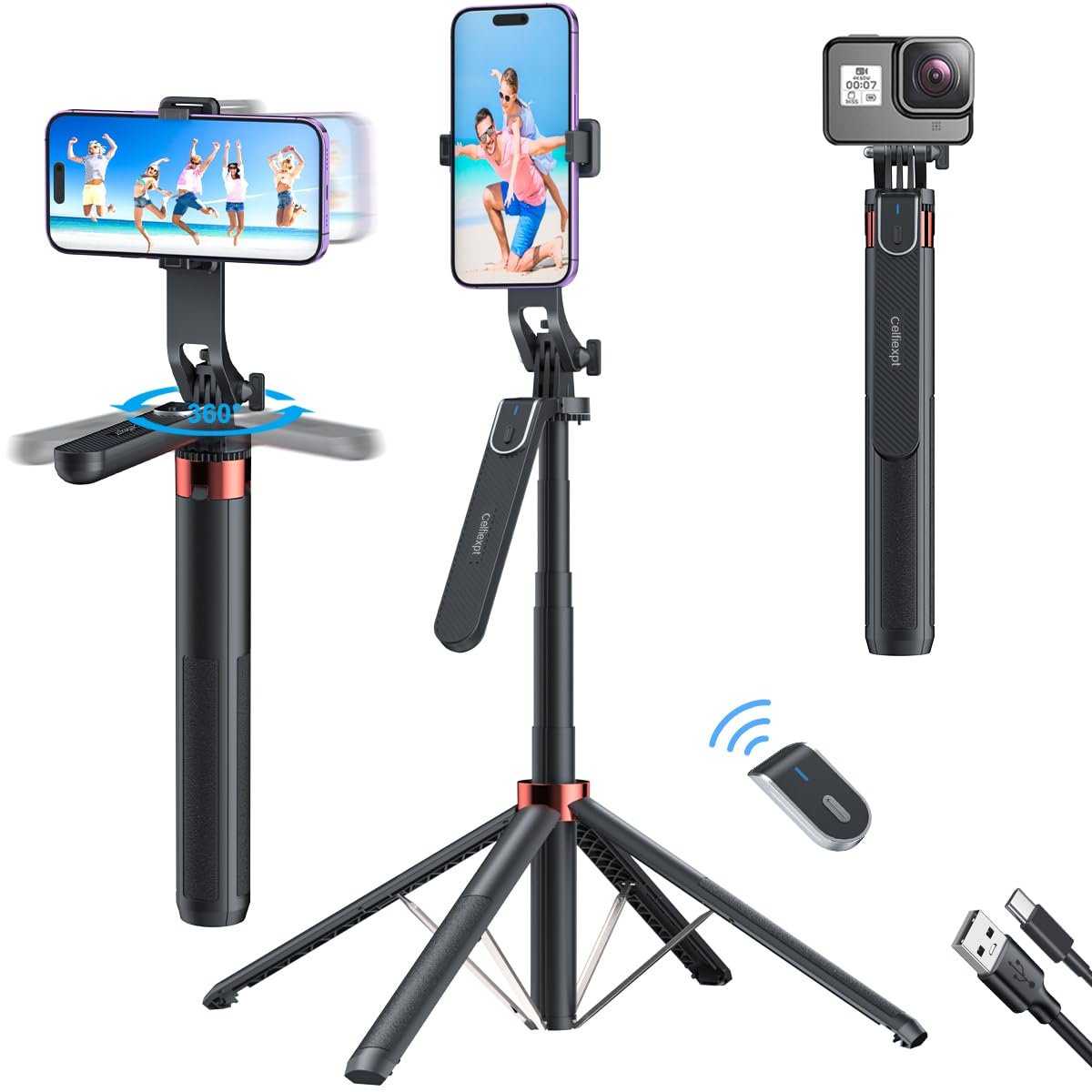 71-inch Selfie Stick Tripod 360 Degree Rotation Rechargeable Remote Quadripod Stand Gimbal Handle for Mobile Phone Camera Gopro 360° Panoramic Shooting Vlogging Live Stream - Image 2