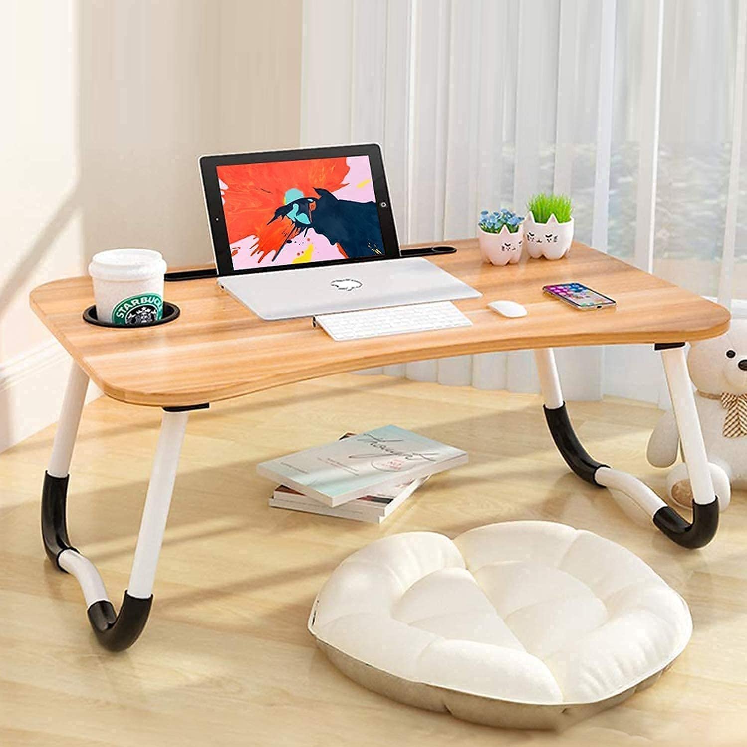 AUNO Standard Multi-Purpose Laptop Table With Dock Stand/Study Table/Bed Table/Foldable And Portable/Ergonomic & Rounded Edges/Non-Slip Legs/Engineered Lapdesk With Cup Holder (Wood), 39.3 Cm, 59.7 Cm - Image 2
