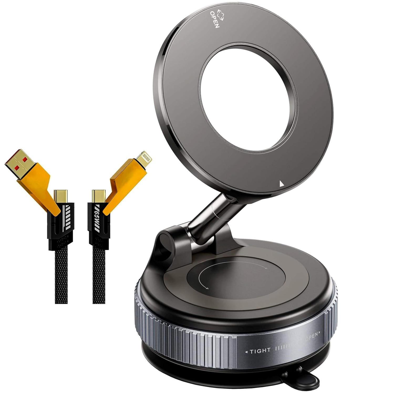 AUORITO Mobile Vacuum Stand with 4-in-1 Charging Cable | 360° Rotating Adjustable Phone Holder for Car Dashboard, Windshield & Desk | Universal Smartphone Mount & Multi-Charging Cable Combo - Image 2