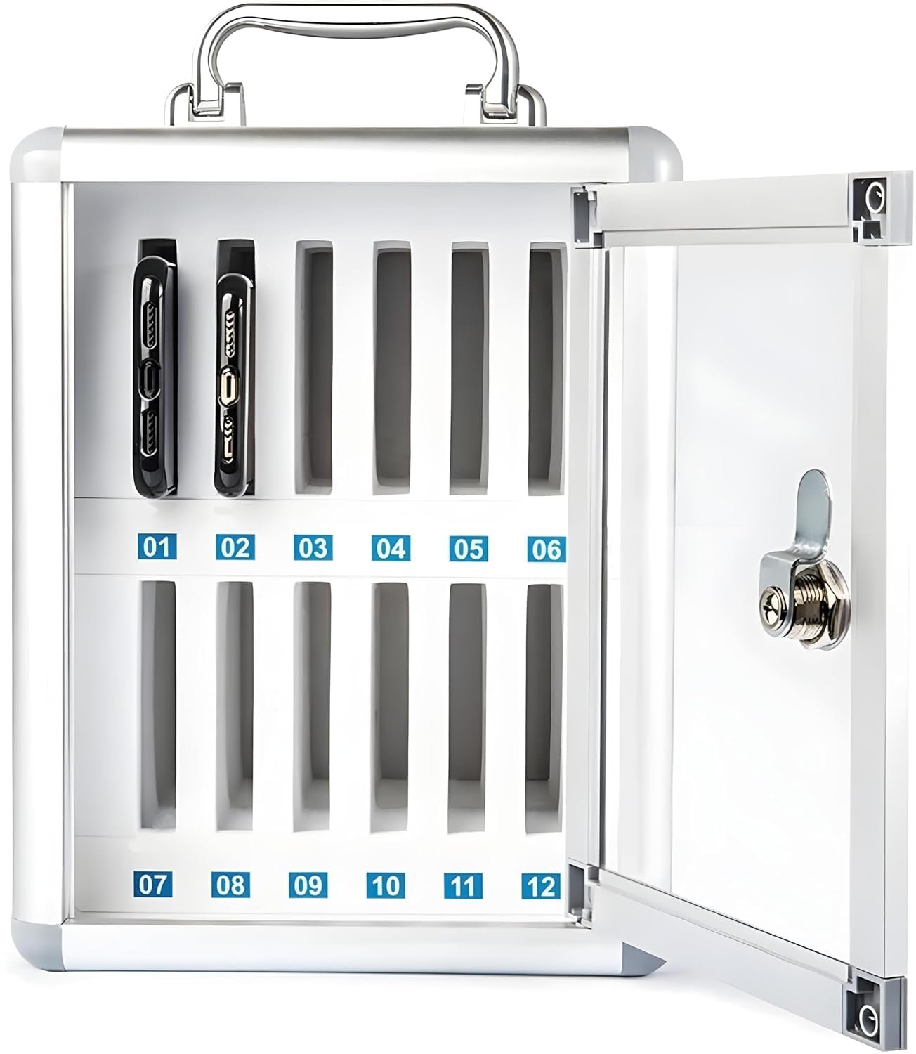 Cell Phone Locker 12 Slots Metal Mobile Phone Storage Box Storage Cabinet with Lock Storage (Color: Silver, Size: H10.83xW8.27xL7.48cm) - Image 2