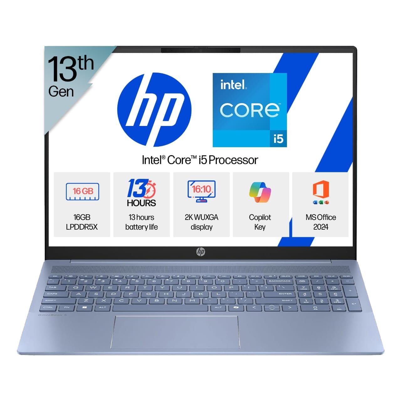 HP OmniBook 5 Metallic(Previously Pavilion) 13th Gen Intel Core i5 1334U (16GB LPDDR5X, 512GB SSD) WUXGA, 2K, IPS, 16''/40.6cm, Win11, M365 Basic(1yr)*Office24, Blue,1.79kg, ba1123TU,FHD camera Laptop - Image 2