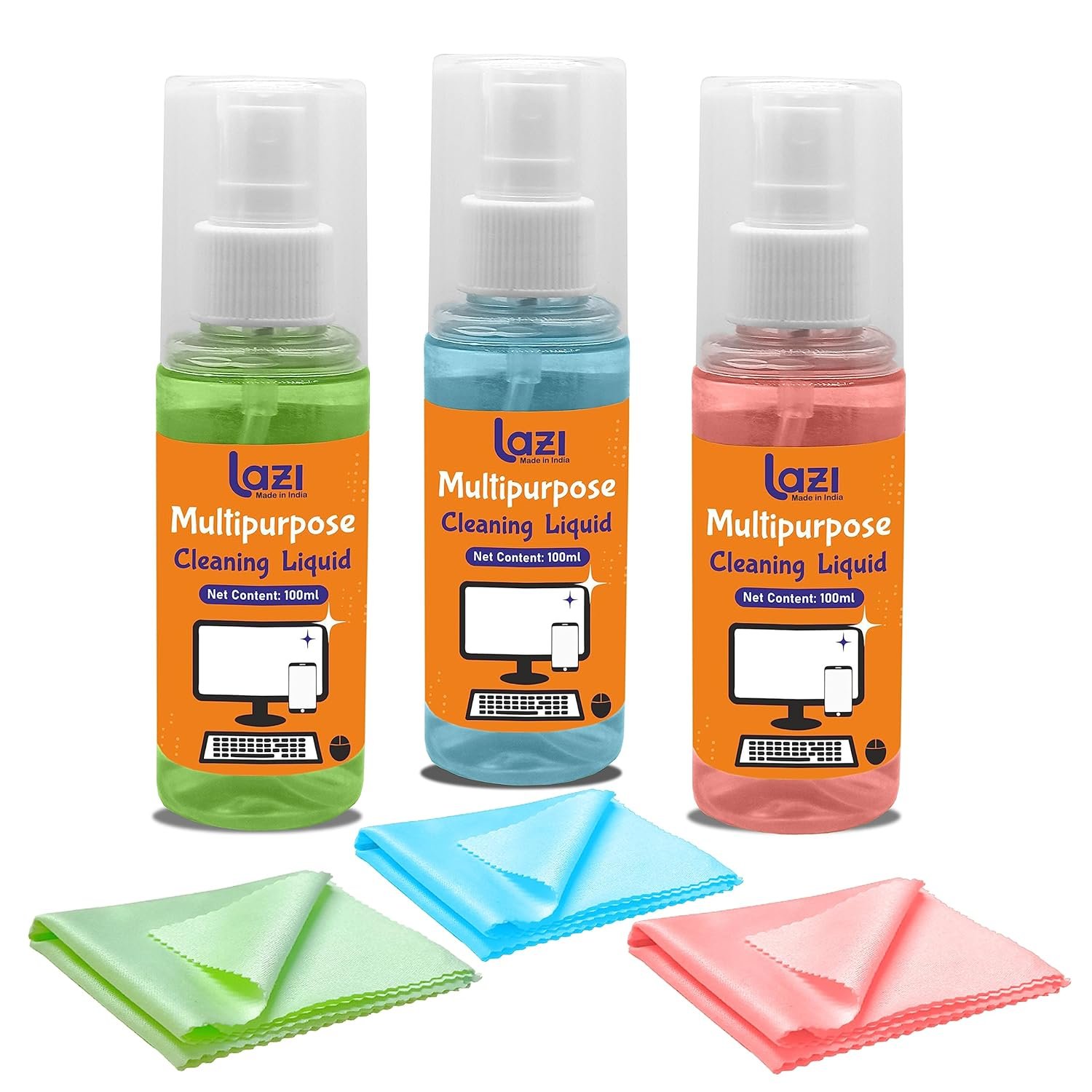 LAZI 2 in 1 Laptop Cleaning Kit 100ml Blue Pack of 3 Liquid Spray Screen Cleaner with Microfiber Cloth for Laptops, Mobiles, Phones, iPhone, MacBook, Electronics Gadgets, PC, LED, LCD, TV, Computer - Image 2