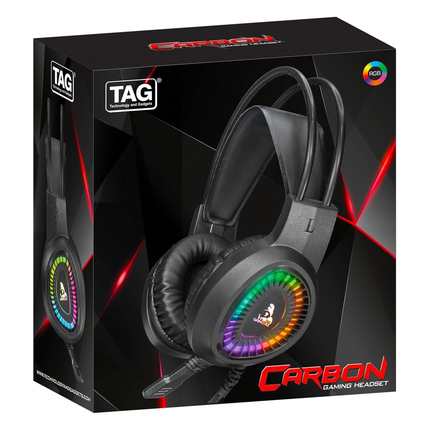 TAG Gamerz Carbon Wired Over Ear Gaming Headphones with Mic | RGB Effect | Noise Cancelling Microphone | Suspension Headband | Comes with USB and 3.5mm Jack | Compatible with PC, Laptop - Image 2