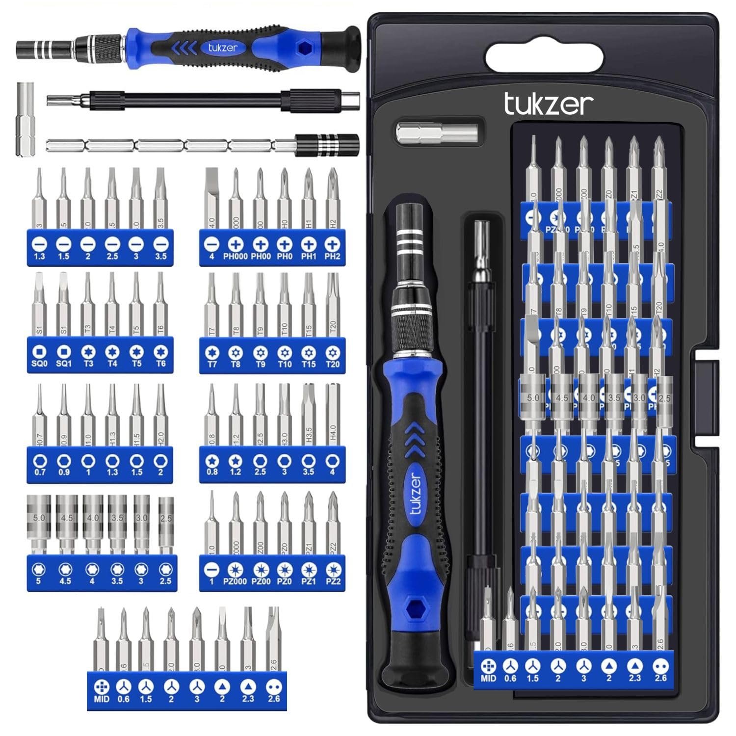 Tukzer 62 in 1 Precision Screwdriver Set, Chrome Vanadium Steel,Repair Tool Kit with Magnetic Steel Bits, Extension Rod, Flexible Shaft for Smartphones, Laptops, Watch, ipad, Tablets, Camera-Blue - Image 2