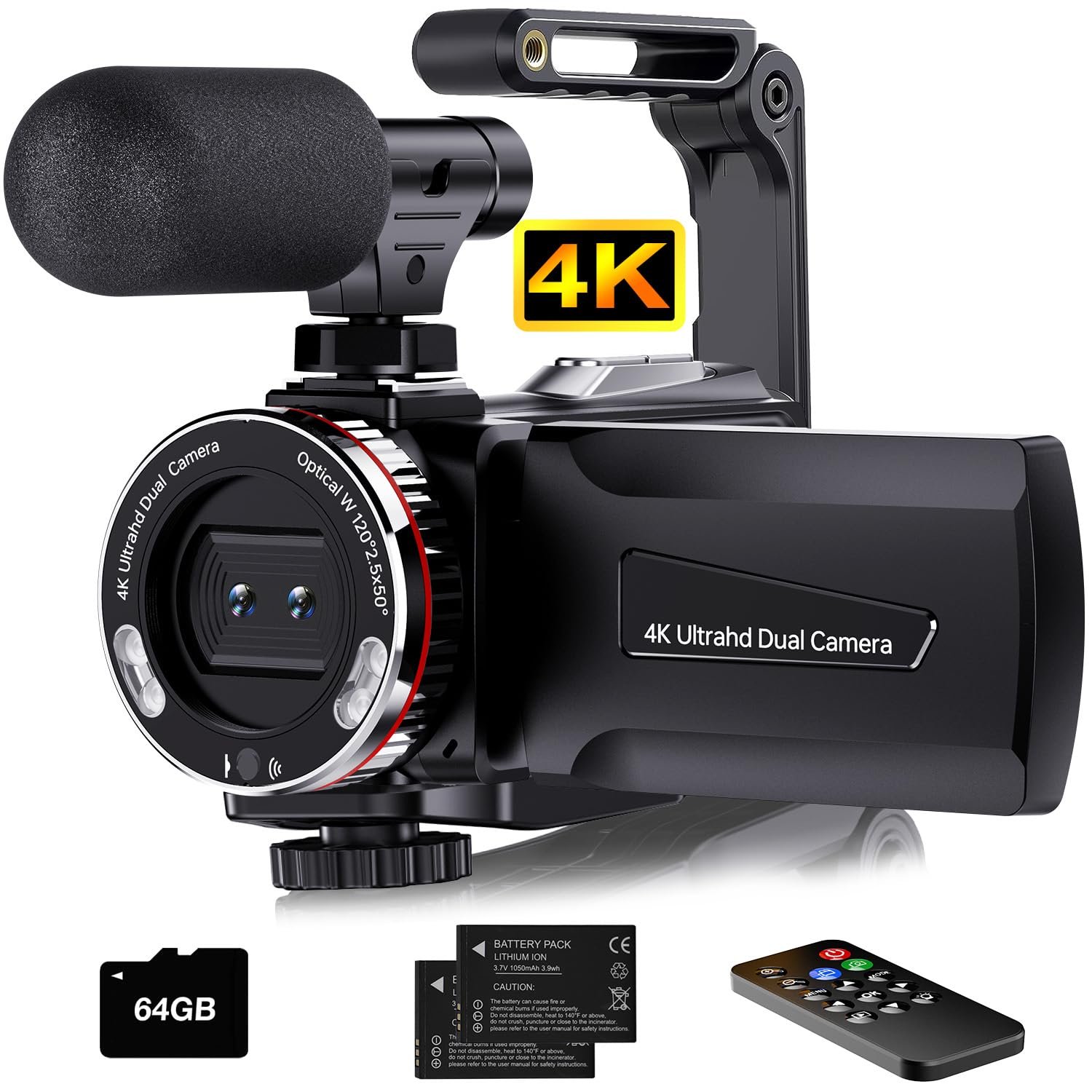 Video Camera 4K 64MP Camcorder Vlogging Camera for YouTube, 21X Digital Zoom, 3 Inch 270° Rotating Screen Video Vlogging Dual Camera with 64GB Card, Microphone, Stabilizer, Remote Control, 2 Batteries - Image 2